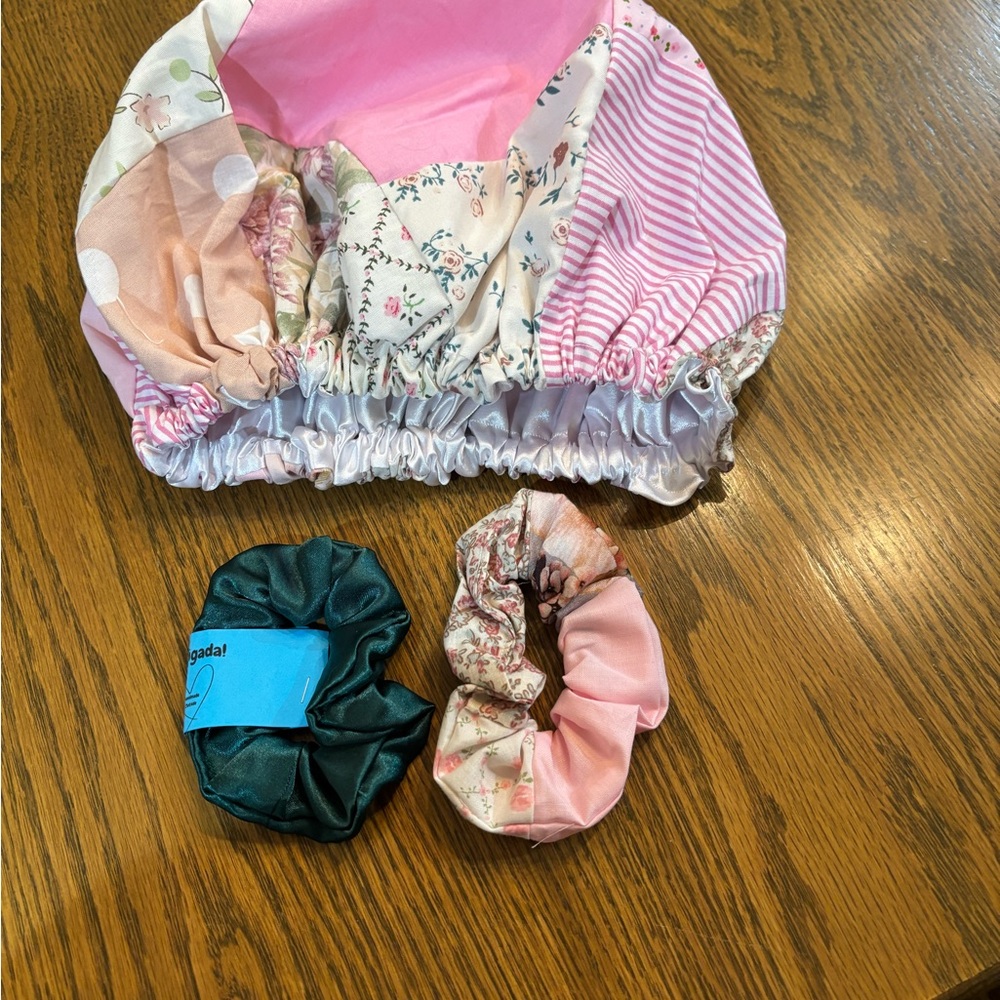 Floral and Pink Satin Bonnet with Scrunchies